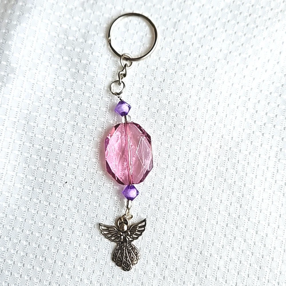 Guardian Silver Angel Crystal Purple Beaded Keychain, Keyring, Handmade